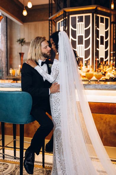 Elegant wedding photo in bar