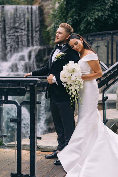 Ancaster Mill wedding couple waterfall