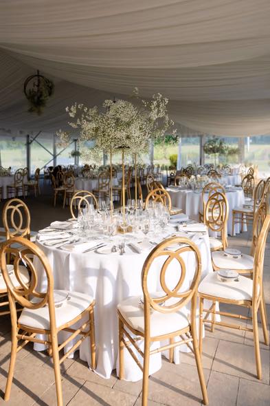 Elegant reception decor at vineyard wedding Niagara-on-the-Lake with round tables