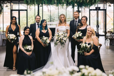 Elegant bridal party photo at Evergreen Brickworks