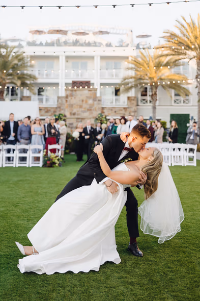 Bride and groom first dance in front of Lido House, Newport Beach