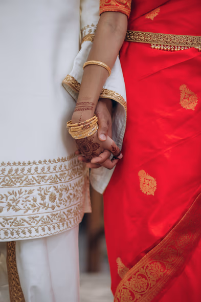 Close-up of bride and groom in traditional attire at Tamil wedding Toronto
