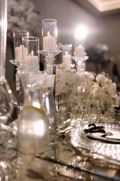 tall white floral arrangements at The Arlington Estate wedding reception Vaughan — Astora Studio