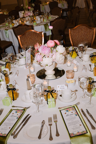 elegant reception table setting floral centerpiece Imperial Ballroom Queen’s Landing wedding